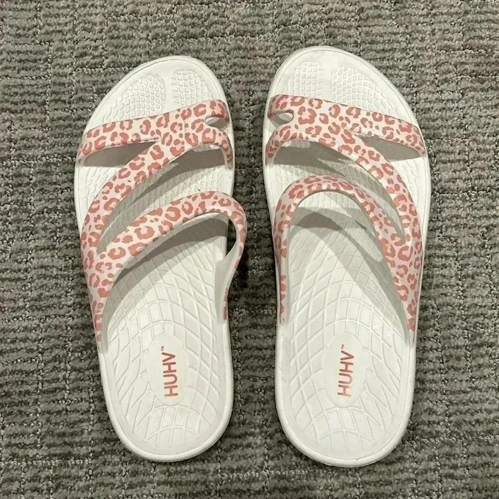 White & Pink Leopard Print Slide Sandals - Picture 5 of 7